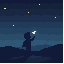 child silhouette holding a paper airplane, deep night sky full of stars, dreamy mood, simple shapes, flat 2d artwork, high contrast