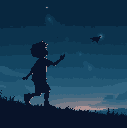 back view silhouette of a young boy playing with a paper airplane, clear simple shape, facing a deep night sky filled with stars and subtle nebula, strong contrast, emphasis on motion, sense of wonder, soft cinematic lighting, dreamy detailed illustration
