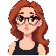 illustrated portrait of a young woman with fair warm skin, round dark glasses, large brown eyes, light makeup, rosy cheeks, natural lips. long wavy copper-red hair, black tank top, delicate necklace. artistic textured style, soft purple background.