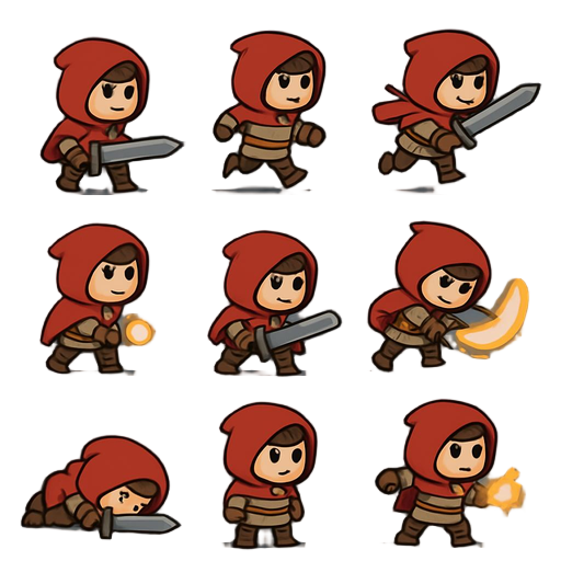 cria um personagem que ele usa um capuz vermelho e tem uma espada de ferro que tem abilidades, crie os fremes das animações de andar,pular,atacar,rolar,a da 1 2 3 abilidade,a de morrer,a de ficar parado e outras abilidades tbm