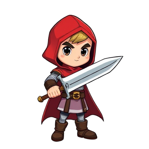 cria um personagem que ele usa um capuz vermelho e tem uma espada de ferro que tem abilidades, crie os fremes das animações de andar,pular,atacar,rolar,a da 1 2 3 abilidade,a de morrer,a de ficar parado e outras abilidades tbm