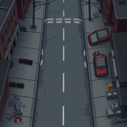 2d top-down game background, mobile zombie defense game style, simple and flat environment, post-apocalyptic street seen from above, road in the center, sidewalks, broken asphalt, cracks, abandoned cars, trash, barricades, muted dark colors, cartoon style