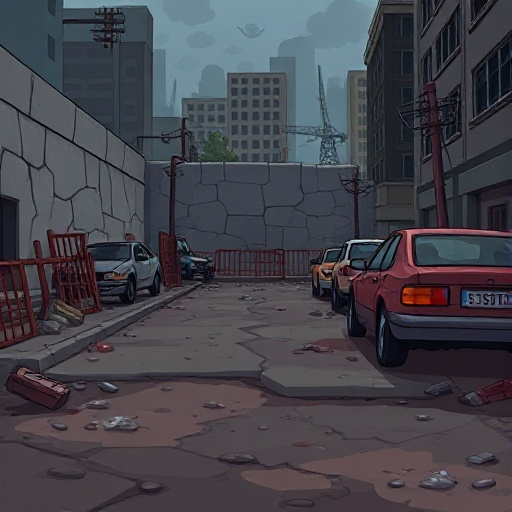 2d side view game background, mobile zombie defense game style, flat and simple environment, post-apocalyptic street, ground visible at the bottom, concrete wall and buildings in the background, destroyed cars, barricades, trash, dark and muted colors, ca