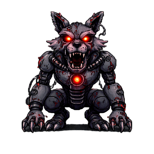quero um animal como fosse um robô, atraente, com detalhes muito maneiro, para um jogo de terror, quero que ele pareça legal mas e do mal, sendo em 2d em pixel