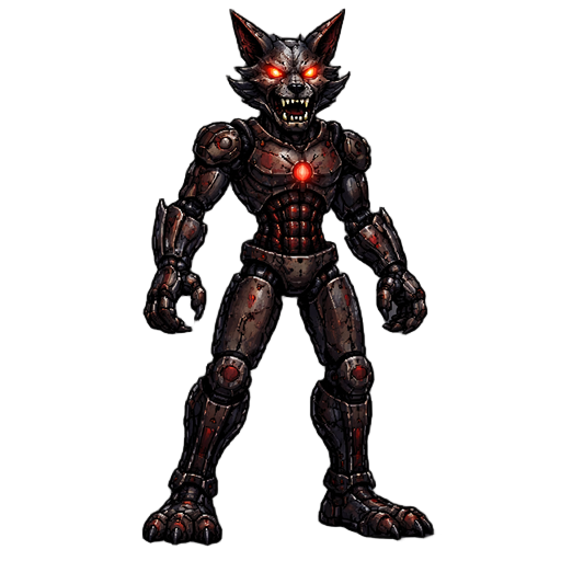 quero um animal como fosse um robô, atraente, com detalhes muito maneiro, para um jogo de terror, quero que ele pareça legal mas e do mal, sendo em 2d em pixel, deixe ele em forma de humano, fica em pé igual ao humano