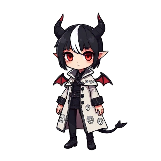 2d character concept art, cute dark fantasy style,  female demon character,  short black hair with a single white front streak,  small black horns curved backward,  red dragon eyes with vertical pupils,  calm confident expression,    wearing a long white 
