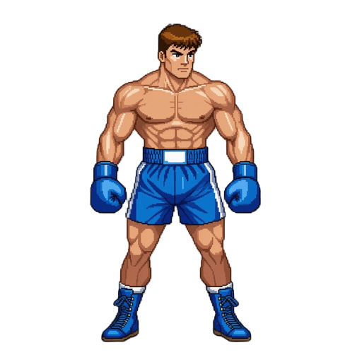 a light boxer (blue gloves, blue shorts), 90s arcade neo-geo style, detailed shading. looking to right