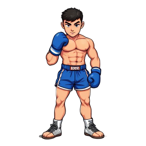 a boxer (blue gloves, blue shorts), 90s arcade neo-geo style, detailed shading. 