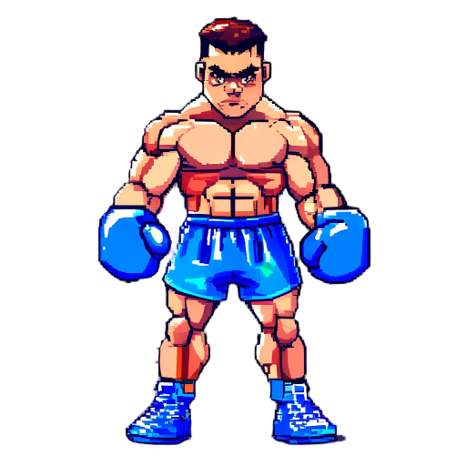 90s arcade neo-geo style, detailed shading. the boxer (blue gloves, blue shorts).