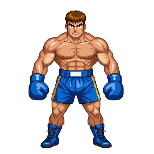 a boxer (blue gloves, blue shorts), 90s arcade neo-geo style, detailed shading. 