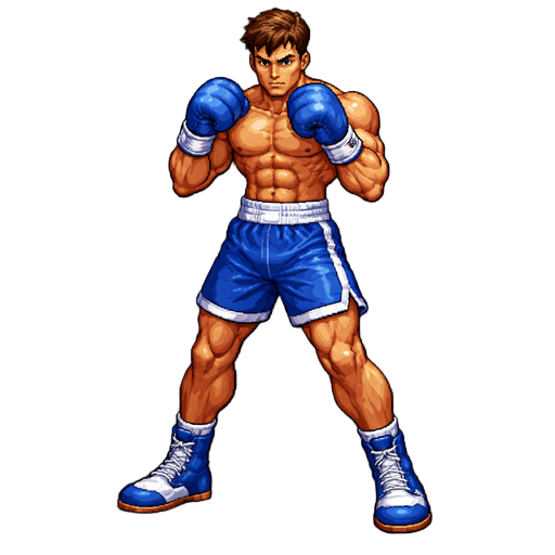 90s arcade neo-geo style, detailed shading.  the boxer (blue gloves, blue shorts). more pixeled