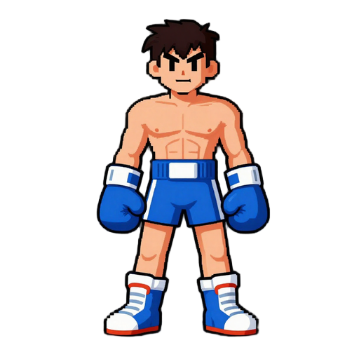 90s arcade neo-geo style, detailed shading.  the boxer (blue gloves, blue shorts). more pixeled