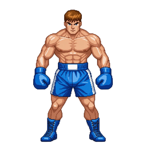 90s arcade neo-geo style, detailed shading.  the boxer (blue gloves, blue shorts). more pixeled
