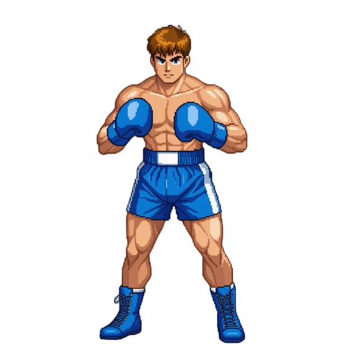 a light boxer (blue gloves, blue shorts), 90s arcade neo-geo style, detailed shading. 