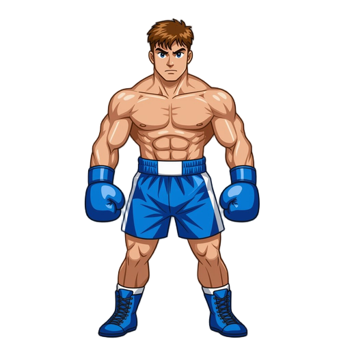 a light boxer (blue gloves, blue shorts), 90s arcade neo-geo style, detailed shading. 