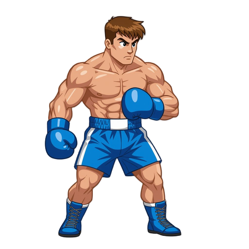 a light boxer (blue gloves, blue shorts), 90s arcade neo-geo style, detailed shading. looking to right, ready to fight
