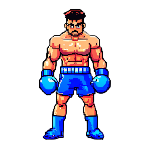 90s arcade neo-geo style, detailed shading. the boxer (blue gloves, blue shorts).