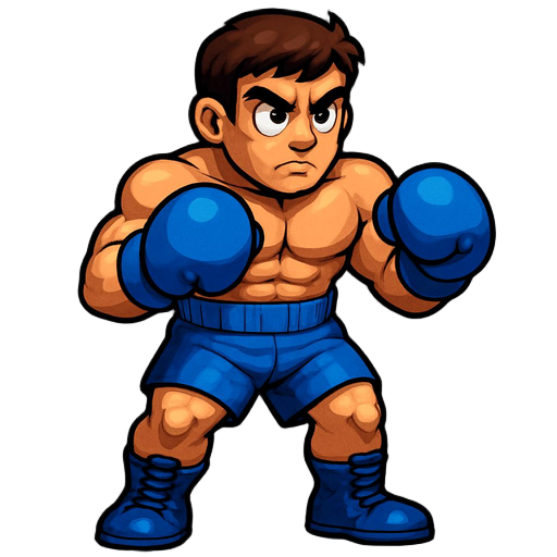 a boxer (blue gloves, blue shorts), 90s arcade neo-geo style, detailed shading. 