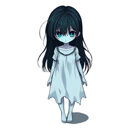 a 2d top-down horror ghost girl, pale translucent skin, long messy black hair covering part of her face, wearing a torn white dress, glowing faintly with cold blue light, hollow dark eyes, floating slightly above the ground, eerie atmosphere, hand-drawn a