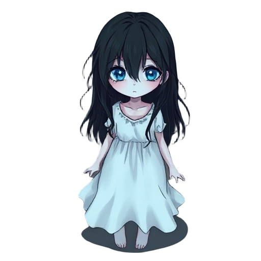 a 2d top-down horror ghost girl, pale translucent skin, long messy black hair covering part of her face, wearing a torn white dress, glowing faintly with cold blue light, hollow dark eyes, floating slightly above the ground, eerie atmosphere, hand-drawn a
