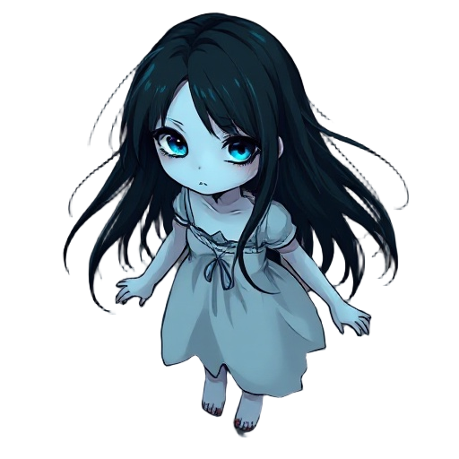 a 2d top-down horror ghost girl, pale translucent skin, long messy black hair covering part of her face, wearing a torn white dress, glowing faintly with cold blue light, hollow dark eyes, floating slightly above the ground, eerie atmosphere, hand-drawn a