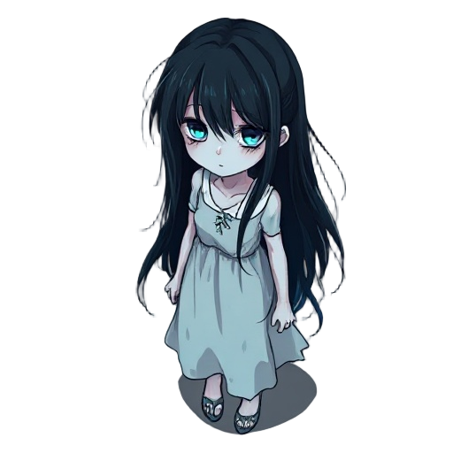 a 2d top-down horror ghost girl, pale translucent skin, long messy black hair covering part of her face, wearing a torn white dress, glowing faintly with cold blue light, hollow dark eyes, floating slightly above the ground, eerie atmosphere, hand-drawn a