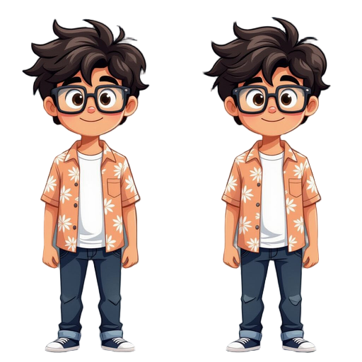 full body shot of a 14-year-old teenage boy with a 'nerdy-chic' aesthetic. he has messy, shaggy dark wavy hair and wears large, thick-rimmed square glasses. he is wearing an unbuttoned vintage peach-colored patterned short-sleeve shirt over a plain white 