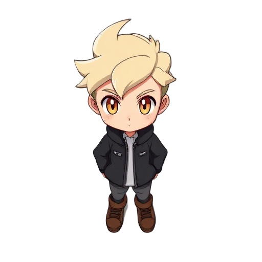 boy, ash blonde, black jacket, brown shoes, honey-colored eyes, chibi style, pokemon top down style
