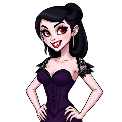 she has pale skin, red eyes with heavy black eyeliner, and a confident, seductive expression. her smile reveals sharp vampire fangs. her black hair is styled back. she wears a dark purple corset-style dress with a heart-shaped neckline and black lace deta
