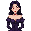 she has pale skin, red eyes with heavy black eyeliner, and a confident. her smile reveals sharp vampire fangs. her black hair is styled back. she wears a dark purple corset-style dress victorian style with a heart-shaped neckline and black lace detailing 