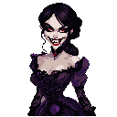 she has pale skin, red eyes with heavy black eyeliner, and a confident. her smile reveals sharp vampire fangs. her black hair is styled back. she wears a dark purple corset-style dress victorian style with a heart-shaped neckline and black lace detailing 