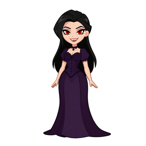 she has pale skin, red eyes with heavy black eyeliner, and a confident. her smile reveals sharp vampire fangs. her black hair is styled back. she wears a dark purple corset-style dress victorian style, very long hair 