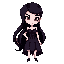 she has pale skin, red eyes with heavy black eyeliner, and a confident. her smile reveals sharp vampire fangs. her black hair is styled back. she wears a dark purple corset-style dress victorian style, very long hair 