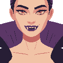 she has pale skin, red eyes with heavy black eyeliner, and a confident. her smile reveals sharp vampire fangs. her black hair is styled back. she wears a dark purple corset-style dress victorian style, very long hair 