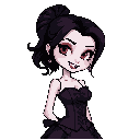 she has pale skin, red eyes with heavy black eyeliner, and a confident, seductive expression. her smile reveals sharp vampire fangs. her black hair is styled back. she wears a dark purple corset-style dress victorian style