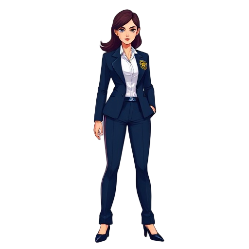 a 2d vector illustration of a female fbi agent, full-body, in a sleek dark blue suit jacket and trousers over a white shirt. sharp, confident posture, holding a fbi badge in one hand. stylized vector art with clean, crisp lines, geometric shapes, flat vib