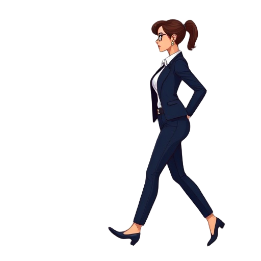 side-profile view of a female fbi agent in motion, walking briskly. she wears a sleek dark pantsuit (navy blue) with a white shirt. stylized 2d vector art with extremely clean, crisp lines and flat colors. visible details from the side: earpiece, subtle h