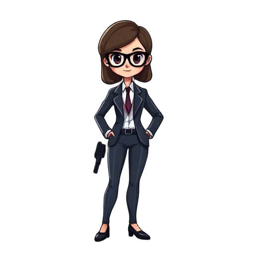 2d vector art, full-body character, a young female fbi agent in a modern suit, confident pose, geometric shapes, clean lines, flat colors, minimal details, on a transparent background. quest game character.