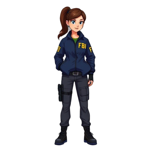 2d vector art character design, full body side profile of a female fbi agent, standing pose. she has brunette hair tied in a ponytail. she is wearing a navy blue windbreaker jacket with yellow "fbi" text on the chest and sleeve, a tactical utility belt, a