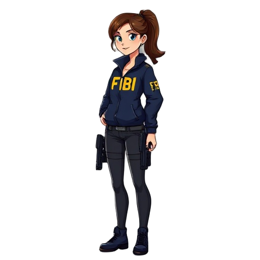 strict side view, full body profile, 2d vector art character design of a female fbi agent, standing pose. she has brunette hair tied in a ponytail. she is wearing a navy blue windbreaker jacket with yellow "fbi" text on the chest and sleeve, a tactical ut