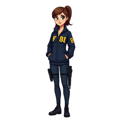 strict side view, full body profile, 2d vector art character design of a female fbi agent, standing pose. she has brunette hair tied in a ponytail. she is wearing a navy blue windbreaker jacket with yellow "fbi" text on the chest and sleeve, a tactical ut