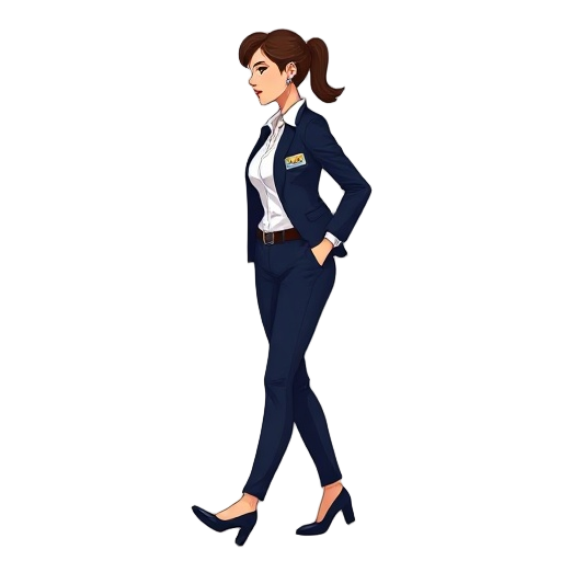 side-profile view of a female fbi agent in motion, walking briskly. she wears a sleek dark pantsuit (navy blue) with a white shirt. stylized 2d vector art with extremely clean, crisp lines and flat colors. visible details from the side: earpiece, subtle h