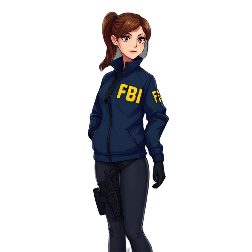 strict side view, full body profile, 2d vector art character design of a female fbi agent, standing pose. she has brunette hair tied in a ponytail. she is wearing a navy blue windbreaker jacket with yellow "fbi" text on the chest and sleeve, a tactical ut