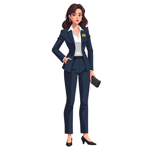 a 2d vector illustration of a female fbi agent, full-body, in a sleek dark blue suit jacket and trousers over a white shirt. sharp, confident posture, holding a fbi badge in one hand. stylized vector art with clean, crisp lines, geometric shapes, flat vib
