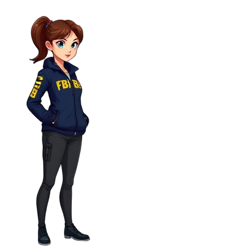 strict side view, full-body profile, 2d vector art character design of a female fbi agent in a standing pose. she is a young woman with brunette hair tied in a high ponytail. she wears a sleek navy blue windbreaker jacket with prominent yellow "fbi" text 