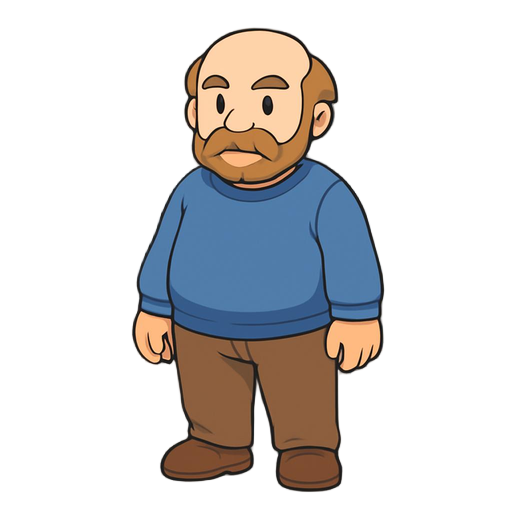 old pokemon trainer, balding, wearing a blue sweater, brown pants, brown shoes, slightly plump,anime pokemon style,with a beard and moustache,overworld sprite