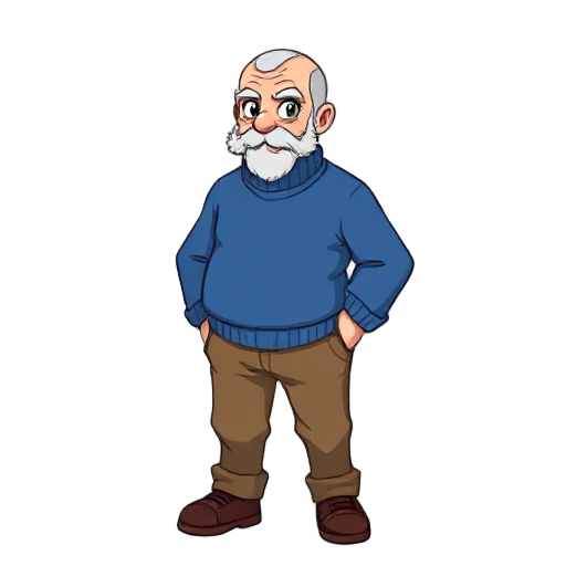 old pokemon trainer, balding, wearing a blue sweater, brown pants, brown shoes, slightly plump,anime pokemon style,with a beard and moustache,overworld sprite