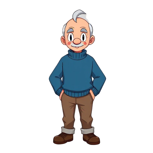 old pokemon trainer, balding, wearing a blue sweater, brown pants, brown shoes, slightly plump,anime pokemon style