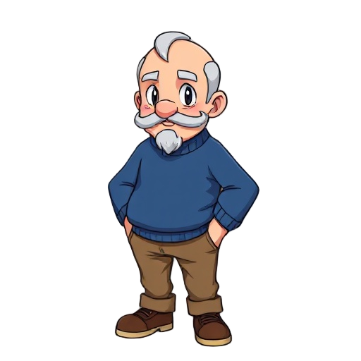 old pokemon trainer, balding, wearing a blue sweater, brown pants, brown shoes, slightly plump,anime pokemon style,with a beard and moustache 