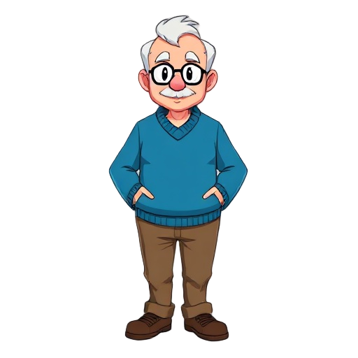 old pokemon trainer, balding, wearing a blue sweater, brown pants, brown shoes, slightly plump 